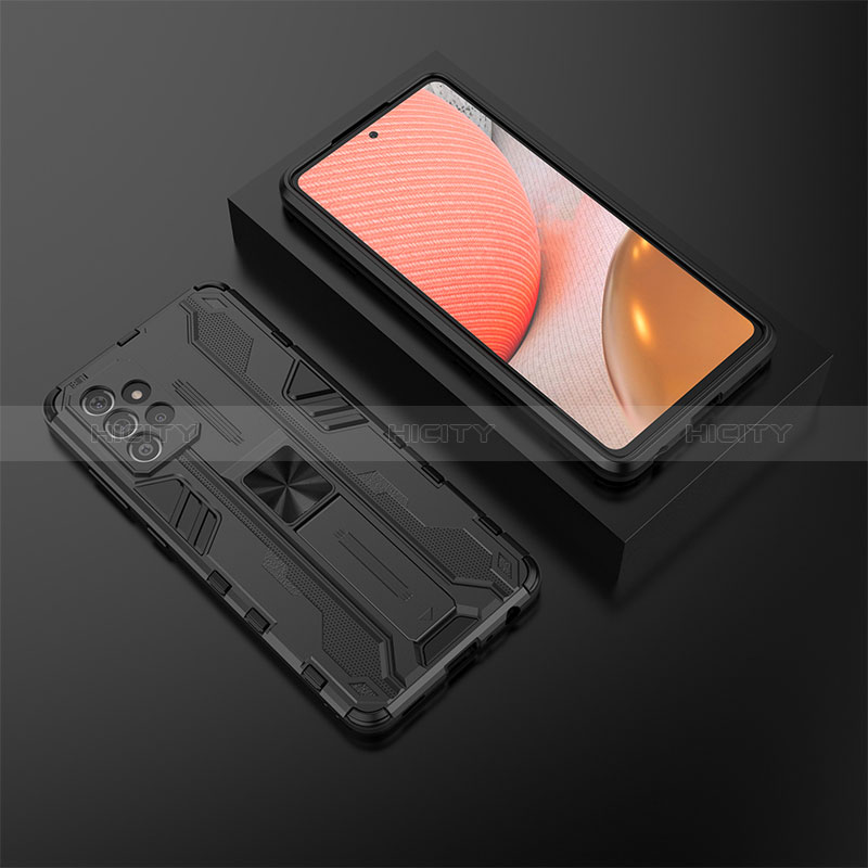 Silicone Matte Finish and Plastic Back Cover Case with Magnetic Stand T02 for Samsung Galaxy A72 5G Black