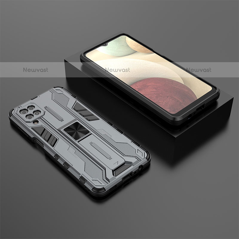 Silicone Matte Finish and Plastic Back Cover Case with Magnetic Stand T02 for Samsung Galaxy F12 Gray