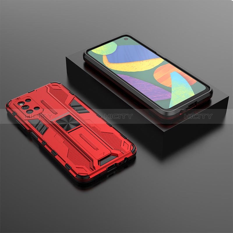 Silicone Matte Finish and Plastic Back Cover Case with Magnetic Stand T02 for Samsung Galaxy F52 5G Red