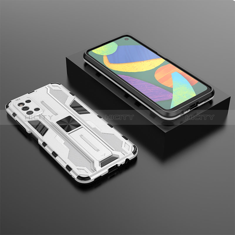 Silicone Matte Finish and Plastic Back Cover Case with Magnetic Stand T02 for Samsung Galaxy F52 5G White