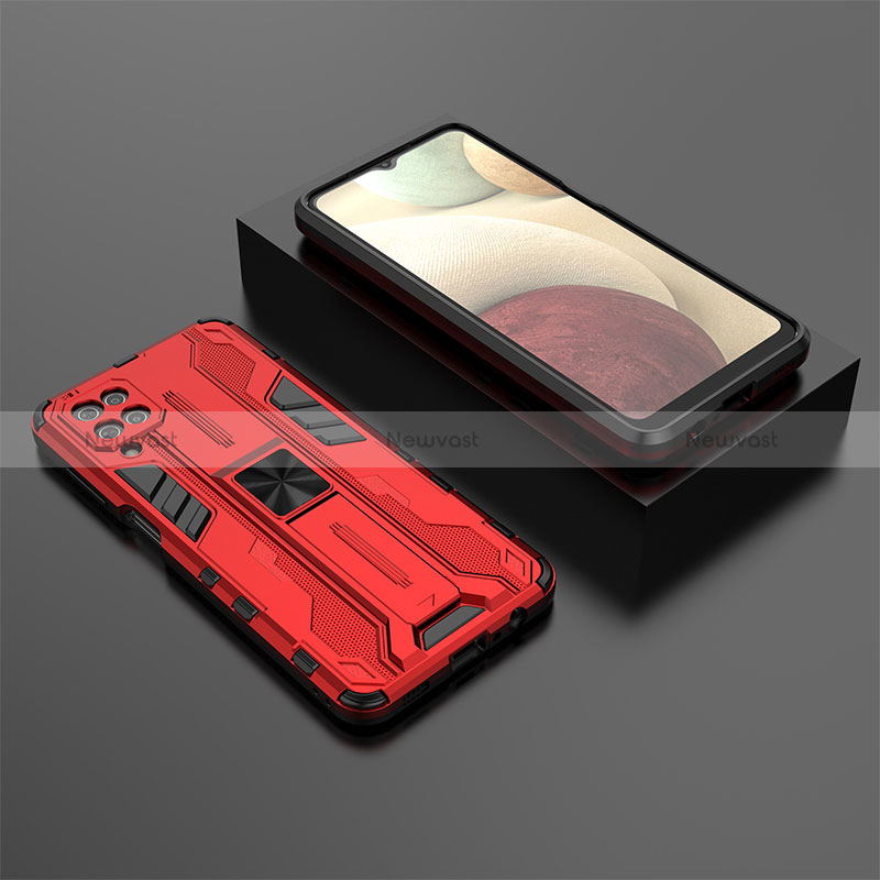 Silicone Matte Finish and Plastic Back Cover Case with Magnetic Stand T02 for Samsung Galaxy M12 Red