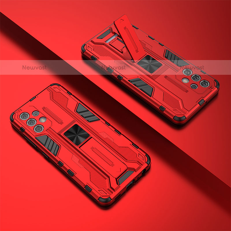 Silicone Matte Finish and Plastic Back Cover Case with Magnetic Stand T02 for Samsung Galaxy M32 5G Red