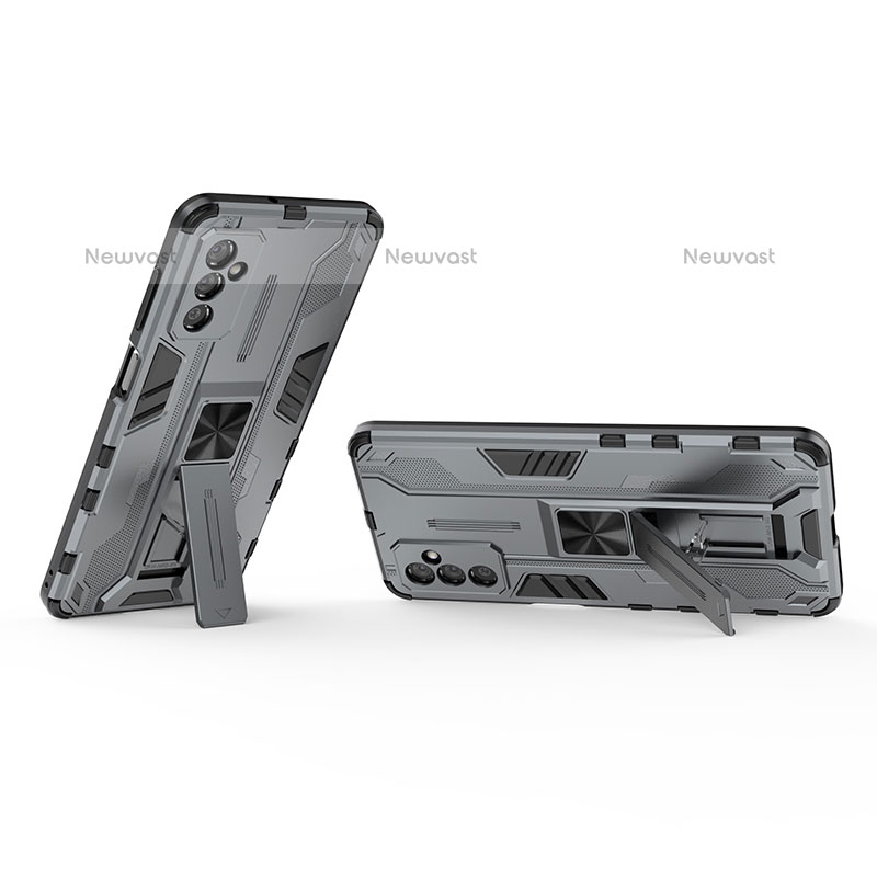 Silicone Matte Finish and Plastic Back Cover Case with Magnetic Stand T02 for Samsung Galaxy M52 5G Gray