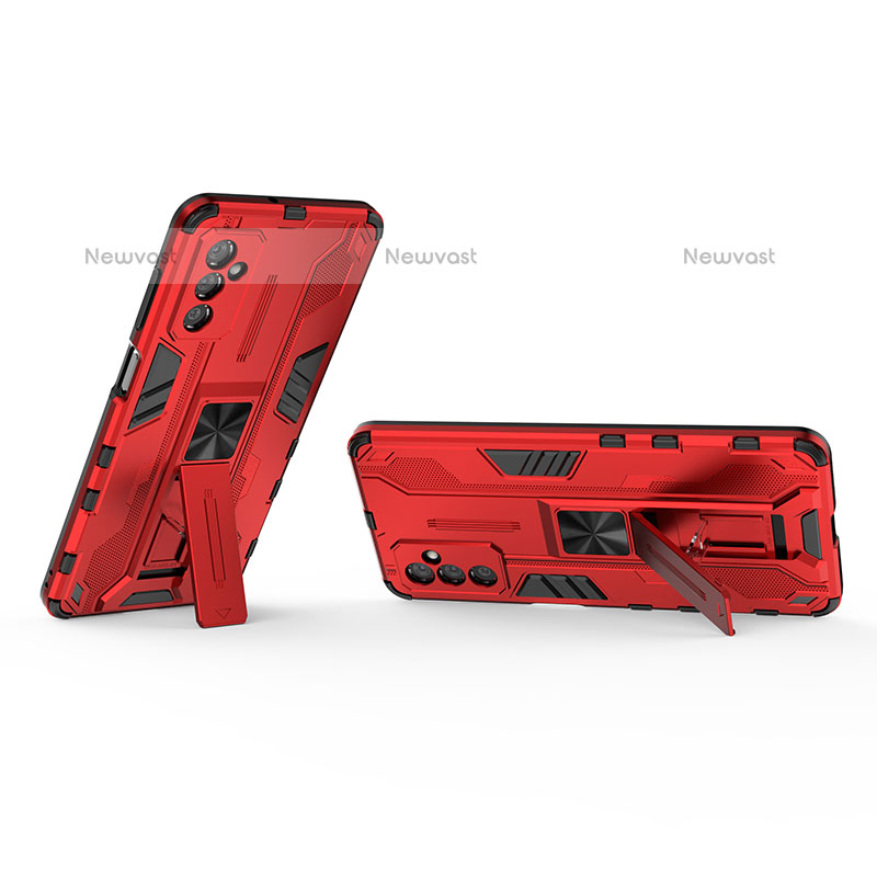 Silicone Matte Finish and Plastic Back Cover Case with Magnetic Stand T02 for Samsung Galaxy M52 5G Red