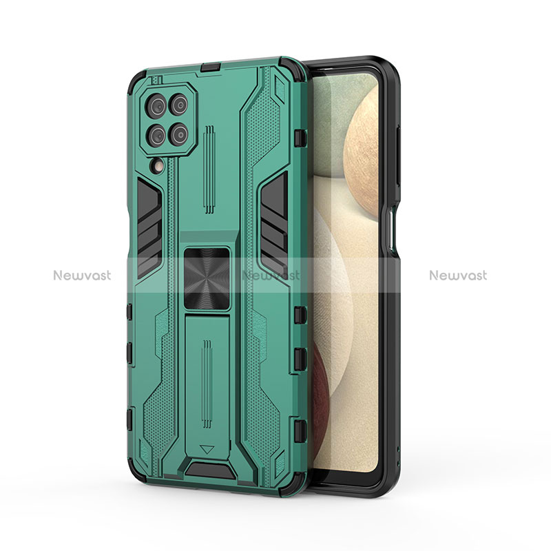Silicone Matte Finish and Plastic Back Cover Case with Magnetic Stand T04 for Samsung Galaxy A12 5G Green
