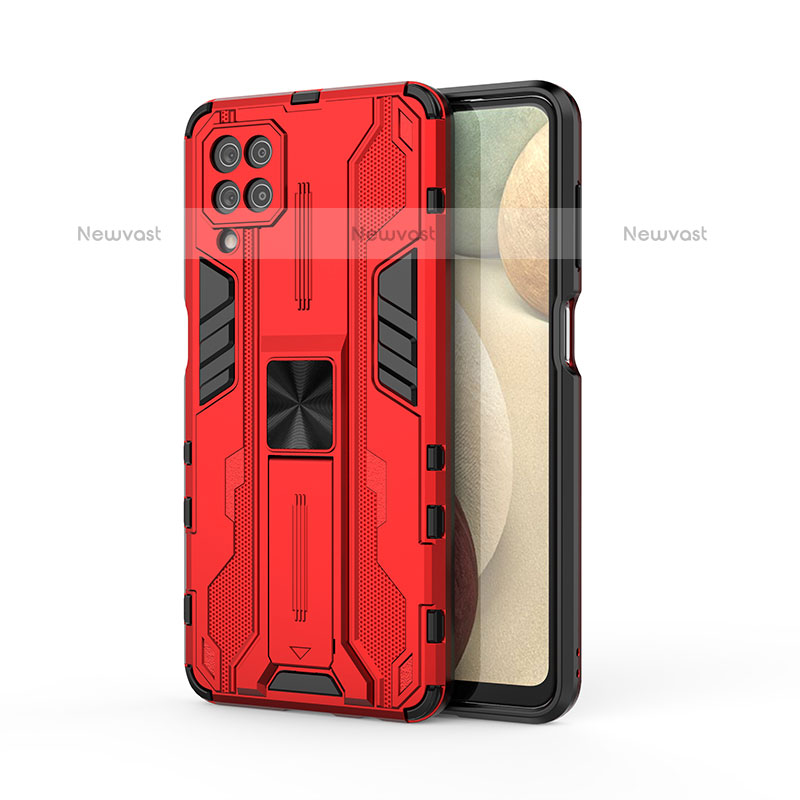 Silicone Matte Finish and Plastic Back Cover Case with Magnetic Stand T04 for Samsung Galaxy A12 Red