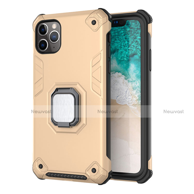 Silicone Matte Finish and Plastic Back Cover Case with Magnetic Stand Z01 for Apple iPhone 11 Pro Gold