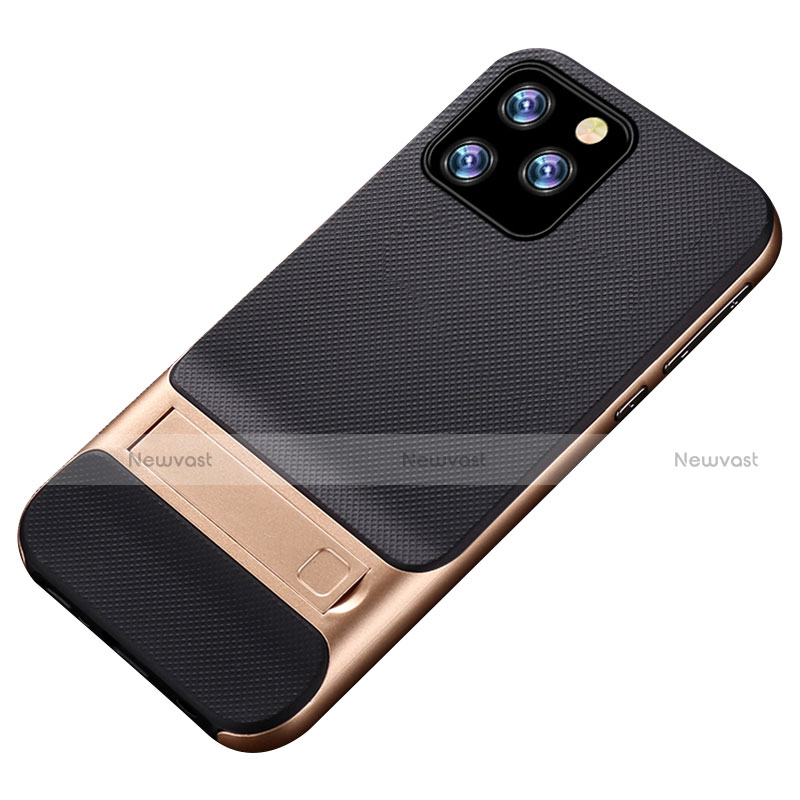 Silicone Matte Finish and Plastic Back Cover Case with Stand A01 for Apple iPhone 11 Pro Gold