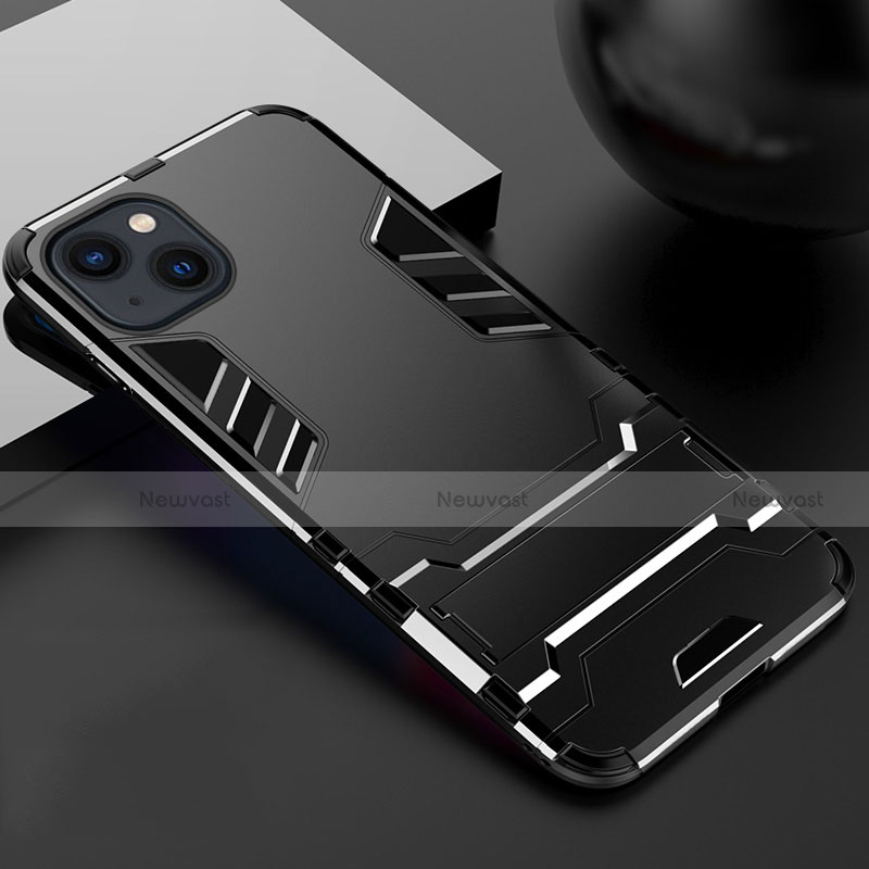 Silicone Matte Finish and Plastic Back Cover Case with Stand A01 for Apple iPhone 13 Black