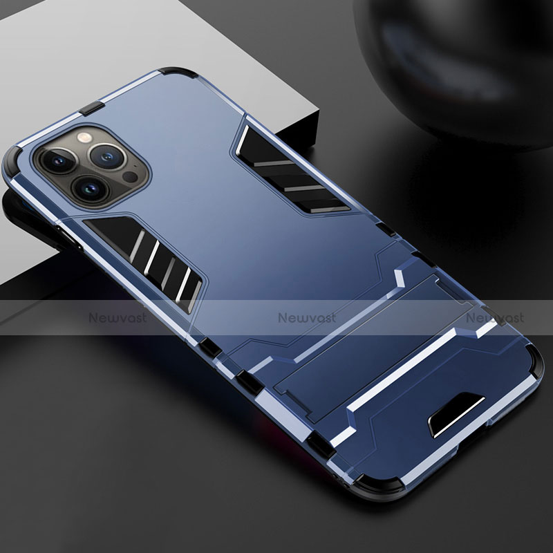 Silicone Matte Finish and Plastic Back Cover Case with Stand A01 for Apple iPhone 13 Pro Blue