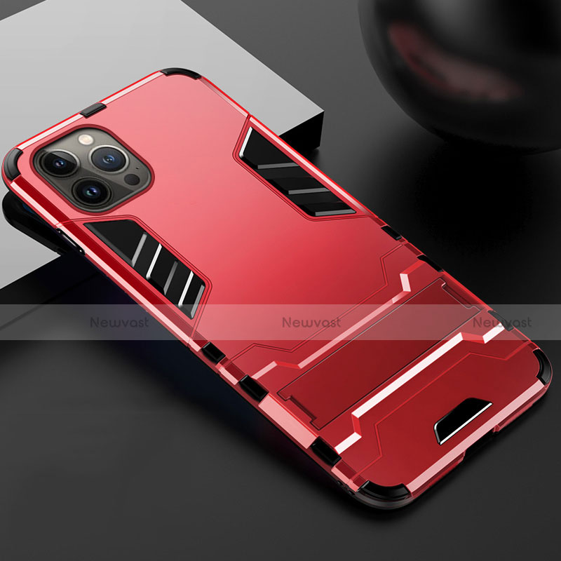 Silicone Matte Finish and Plastic Back Cover Case with Stand A01 for Apple iPhone 13 Pro Red