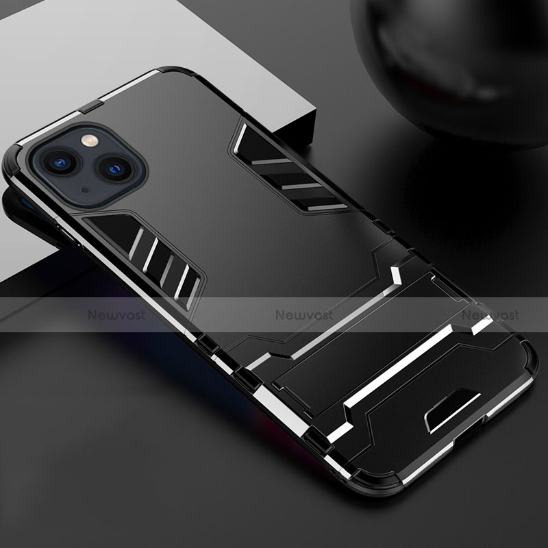 Silicone Matte Finish and Plastic Back Cover Case with Stand A01 for Apple iPhone 14 Black