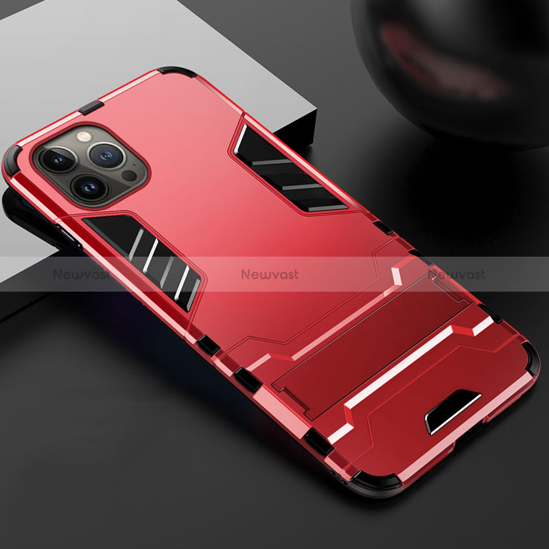 Silicone Matte Finish and Plastic Back Cover Case with Stand A01 for Apple iPhone 14 Pro Max Red