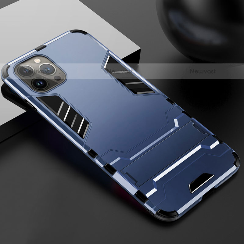 Silicone Matte Finish and Plastic Back Cover Case with Stand A01 for Apple iPhone 15 Pro Blue