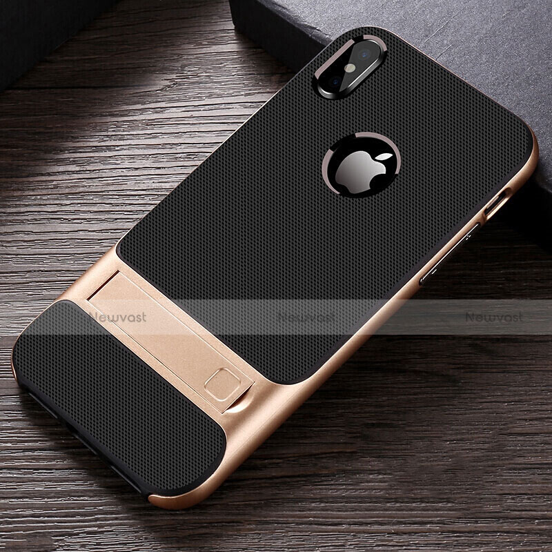 Silicone Matte Finish and Plastic Back Cover Case with Stand A01 for Apple iPhone X Gold