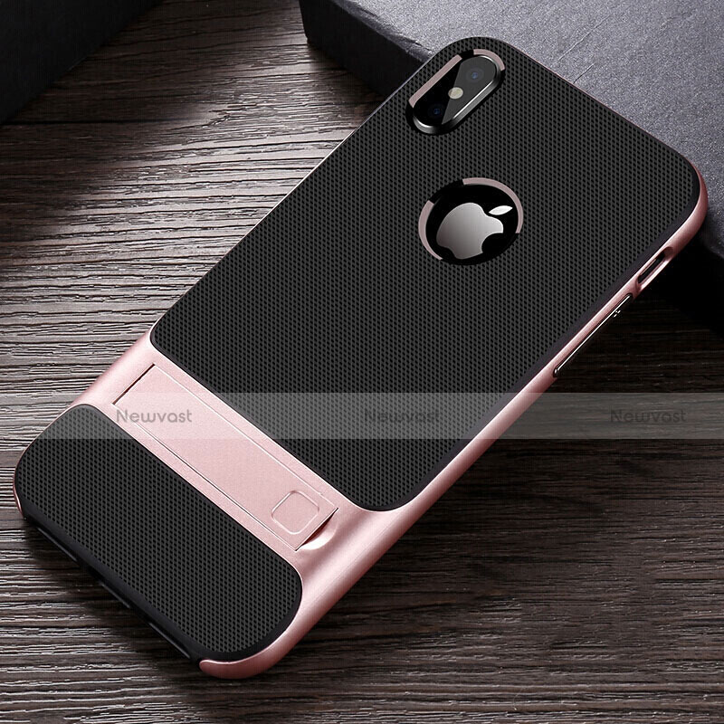 Silicone Matte Finish and Plastic Back Cover Case with Stand A01 for Apple iPhone X Rose Gold