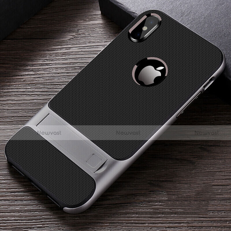 Silicone Matte Finish and Plastic Back Cover Case with Stand A01 for Apple iPhone Xs Max Gray