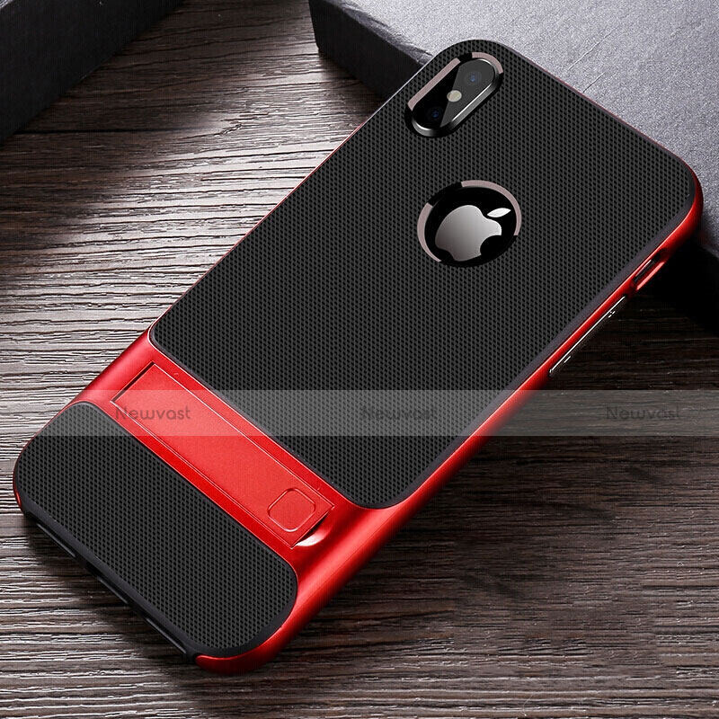 Silicone Matte Finish and Plastic Back Cover Case with Stand A01 for Apple iPhone Xs Red