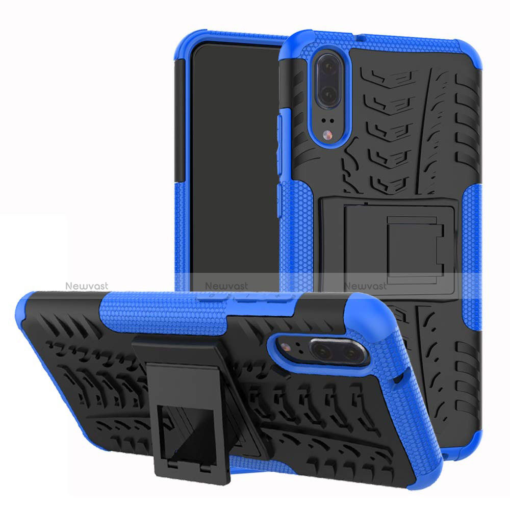 Silicone Matte Finish and Plastic Back Cover Case with Stand A01 for Huawei P20 Blue