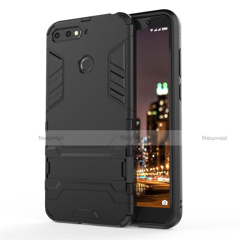 Silicone Matte Finish and Plastic Back Cover Case with Stand A01 for Huawei Y6 (2018) Black