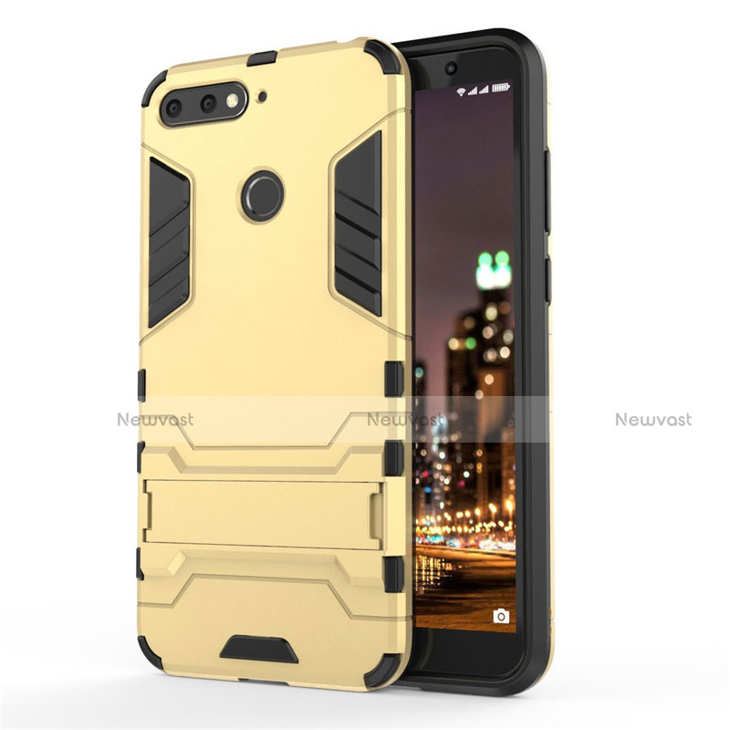 Silicone Matte Finish and Plastic Back Cover Case with Stand A01 for Huawei Y6 Prime (2018) Gold