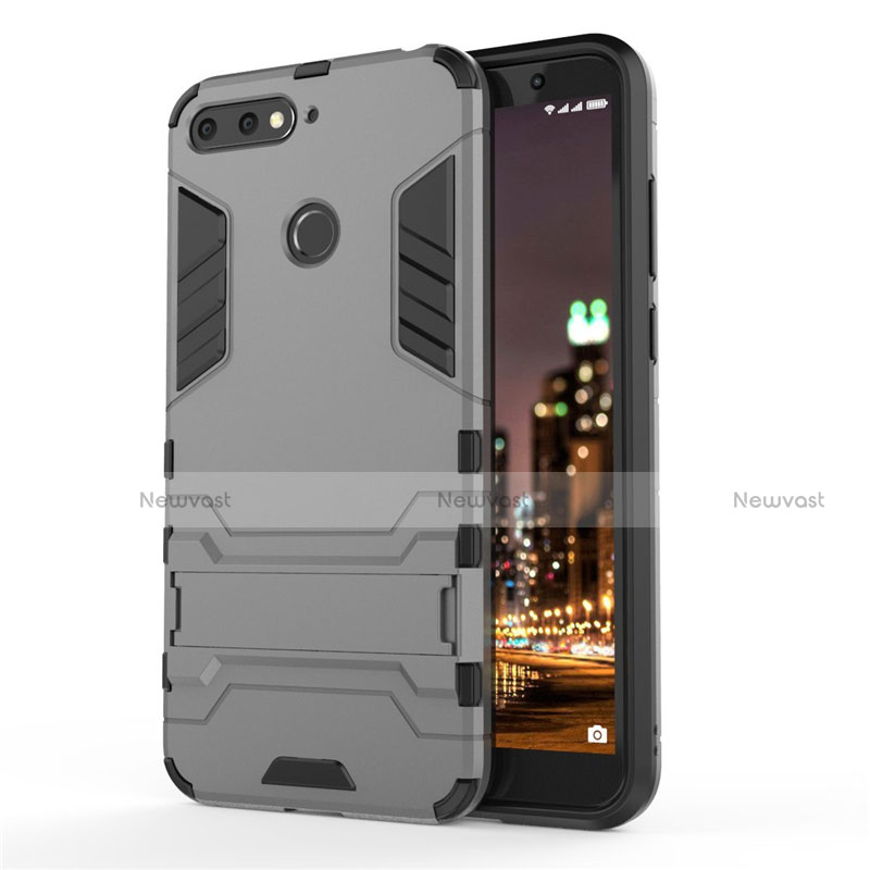 Silicone Matte Finish and Plastic Back Cover Case with Stand A01 for Huawei Y6 Prime (2018) Gray