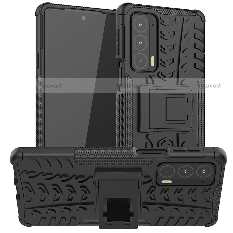 Silicone Matte Finish and Plastic Back Cover Case with Stand A01 for Motorola Moto Edge 20 5G Black