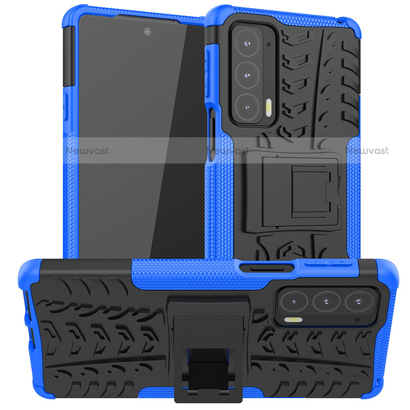 Silicone Matte Finish and Plastic Back Cover Case with Stand A01 for Motorola Moto Edge 20 5G Blue