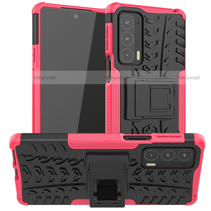 Silicone Matte Finish and Plastic Back Cover Case with Stand A01 for Motorola Moto Edge 20 5G Hot Pink
