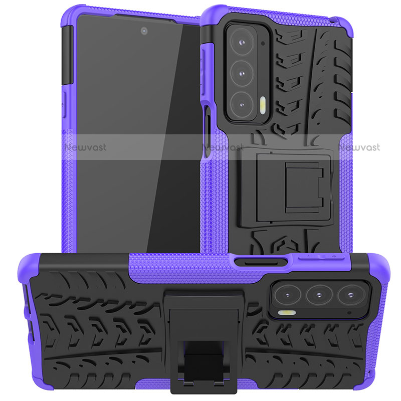 Silicone Matte Finish and Plastic Back Cover Case with Stand A01 for Motorola Moto Edge 20 5G Purple