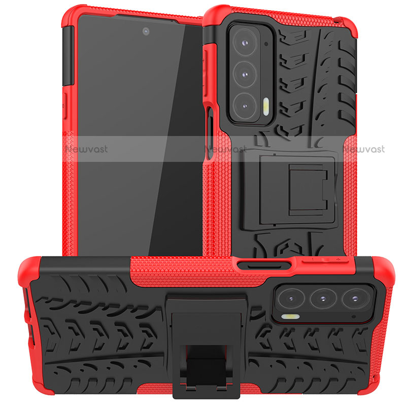 Silicone Matte Finish and Plastic Back Cover Case with Stand A01 for Motorola Moto Edge 20 5G Red