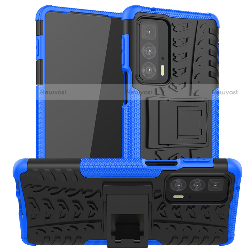 Silicone Matte Finish and Plastic Back Cover Case with Stand A01 for Motorola Moto Edge 20 Pro 5G Blue