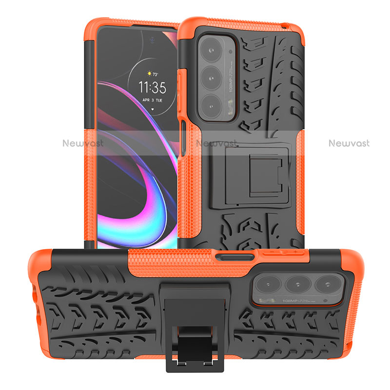 Silicone Matte Finish and Plastic Back Cover Case with Stand A01 for Motorola Moto Edge (2021) 5G Orange