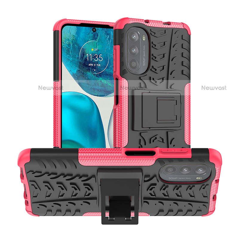 Silicone Matte Finish and Plastic Back Cover Case with Stand A01 for Motorola Moto Edge (2022) 5G Hot Pink