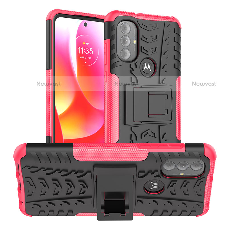 Silicone Matte Finish and Plastic Back Cover Case with Stand A01 for Motorola Moto G Power (2022) Hot Pink