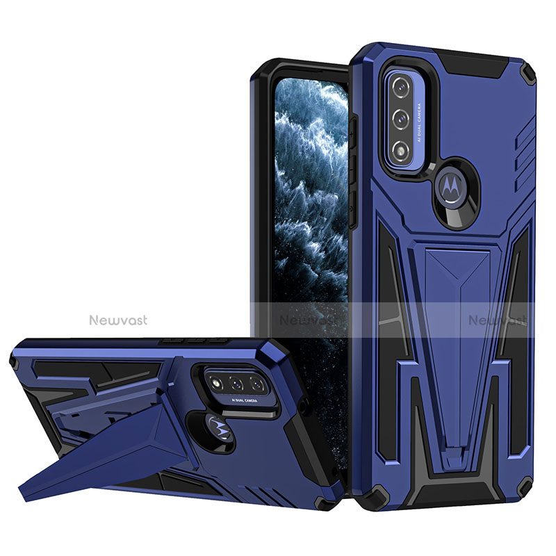 Silicone Matte Finish and Plastic Back Cover Case with Stand A01 for Motorola Moto G Pure Blue