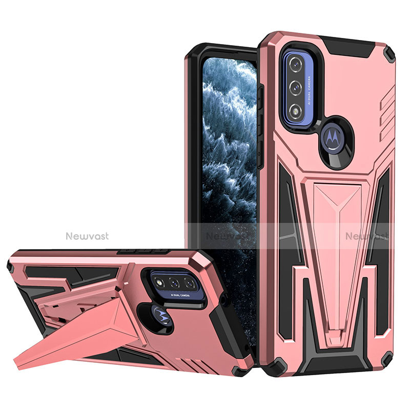 Silicone Matte Finish and Plastic Back Cover Case with Stand A01 for Motorola Moto G Pure Rose Gold