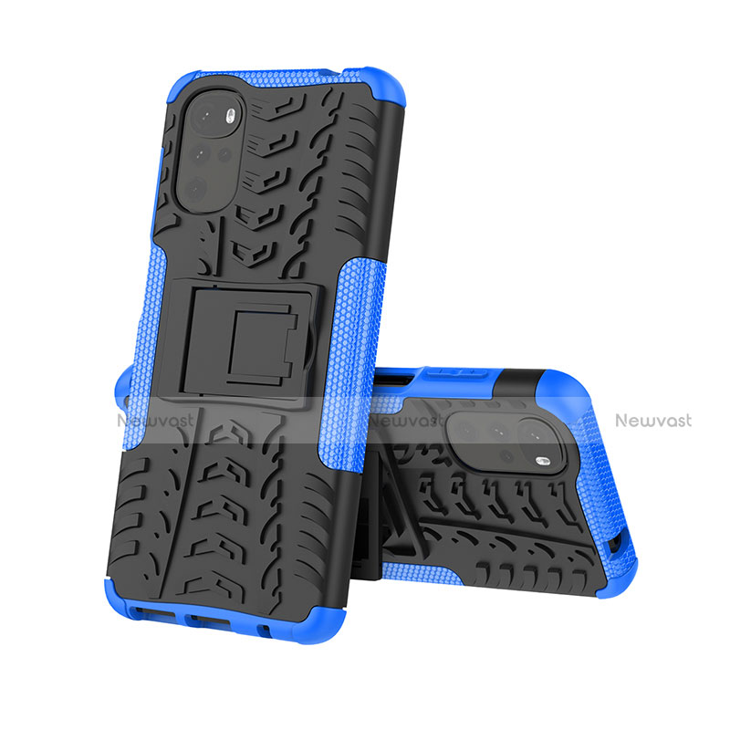 Silicone Matte Finish and Plastic Back Cover Case with Stand A01 for Motorola Moto G22 Blue