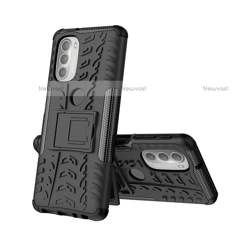 Silicone Matte Finish and Plastic Back Cover Case with Stand A01 for Motorola Moto G51 5G Black