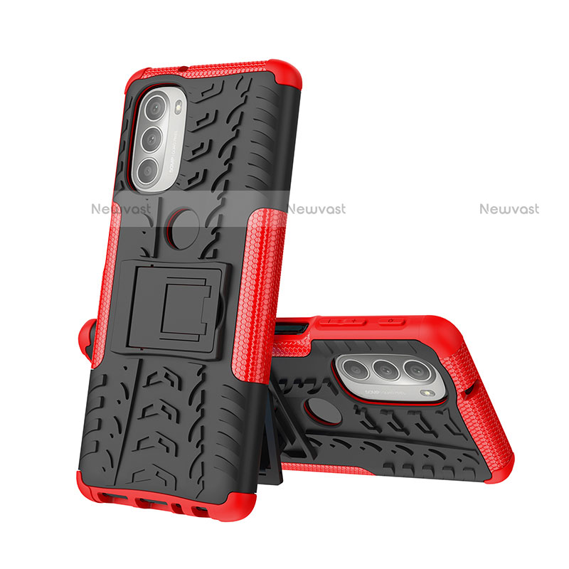 Silicone Matte Finish and Plastic Back Cover Case with Stand A01 for Motorola Moto G51 5G Red