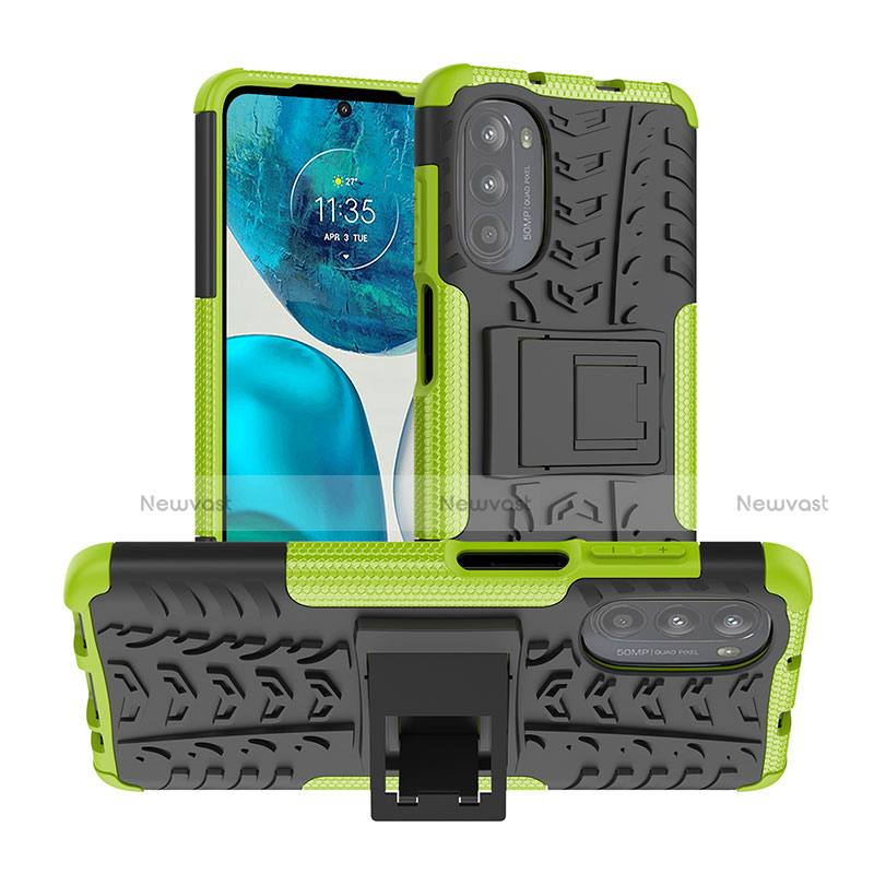 Silicone Matte Finish and Plastic Back Cover Case with Stand A01 for Motorola MOTO G52 Green