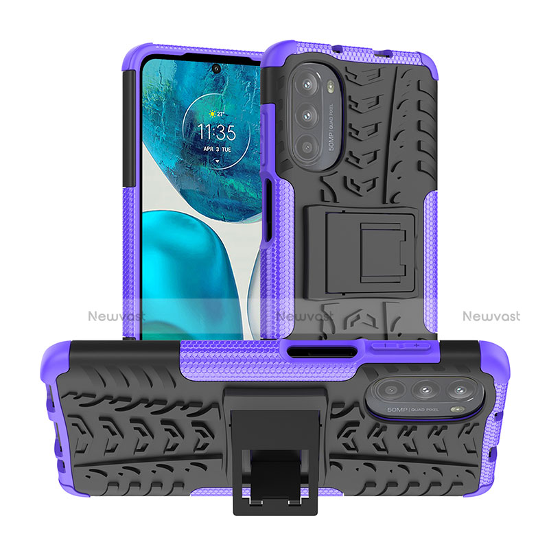 Silicone Matte Finish and Plastic Back Cover Case with Stand A01 for Motorola Moto G71s 5G Purple