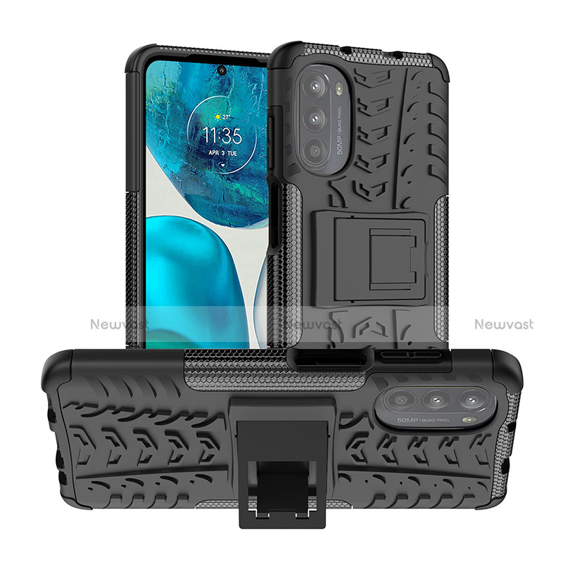 Silicone Matte Finish and Plastic Back Cover Case with Stand A01 for Motorola Moto G82 5G Black