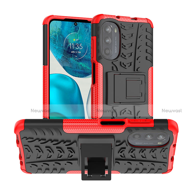 Silicone Matte Finish and Plastic Back Cover Case with Stand A01 for Motorola Moto G82 5G Red