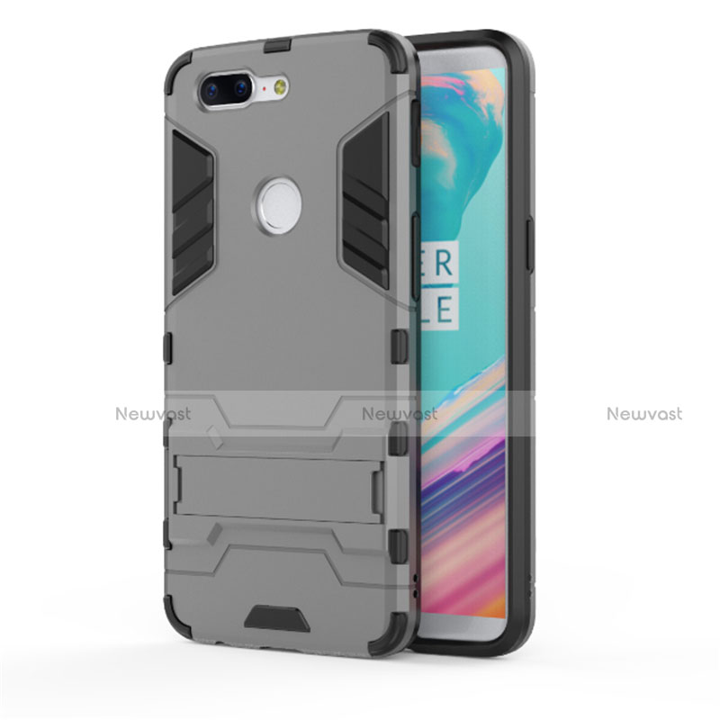 Silicone Matte Finish and Plastic Back Cover Case with Stand A01 for OnePlus 5T A5010 Gray