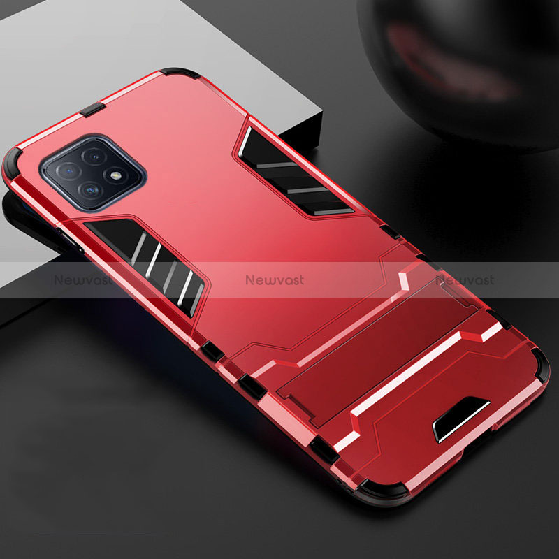 Silicone Matte Finish and Plastic Back Cover Case with Stand A01 for Oppo A53 5G Red