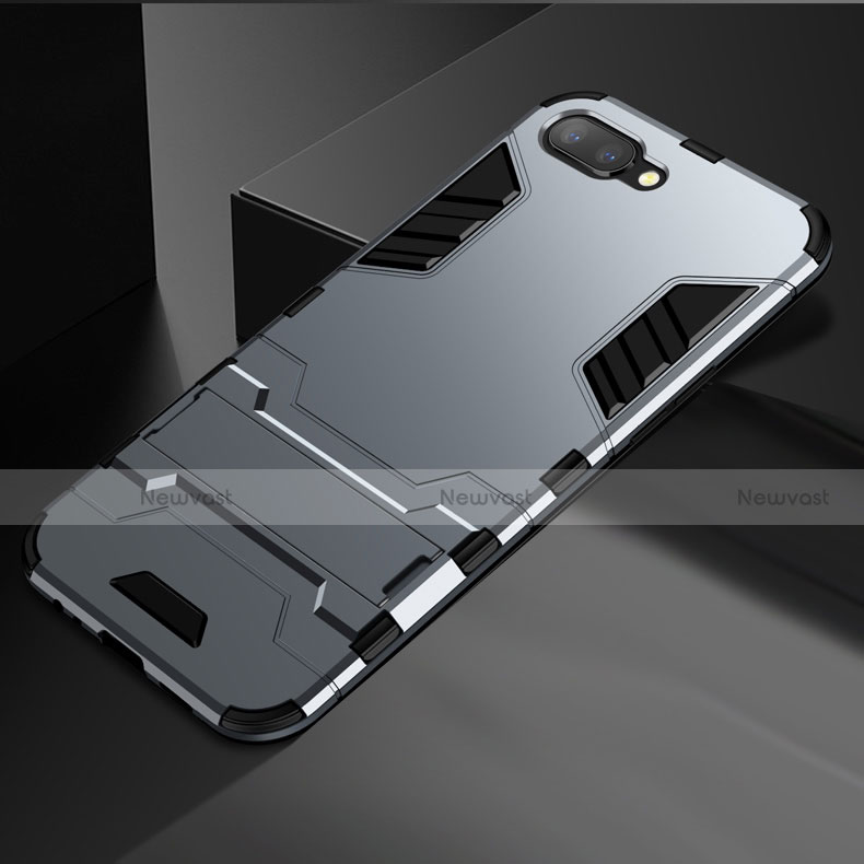 Silicone Matte Finish and Plastic Back Cover Case with Stand A01 for Oppo K1 Gray