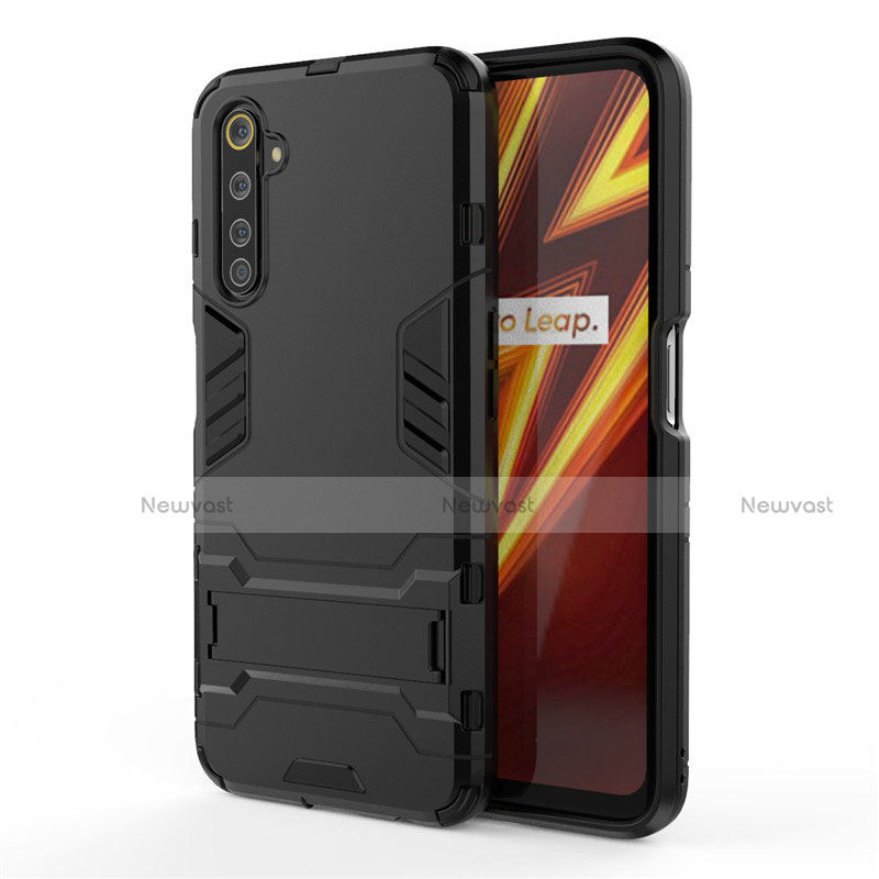 Silicone Matte Finish and Plastic Back Cover Case with Stand A01 for Realme 6 Pro Black