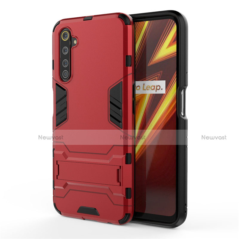 Silicone Matte Finish and Plastic Back Cover Case with Stand A01 for Realme 6 Pro Red