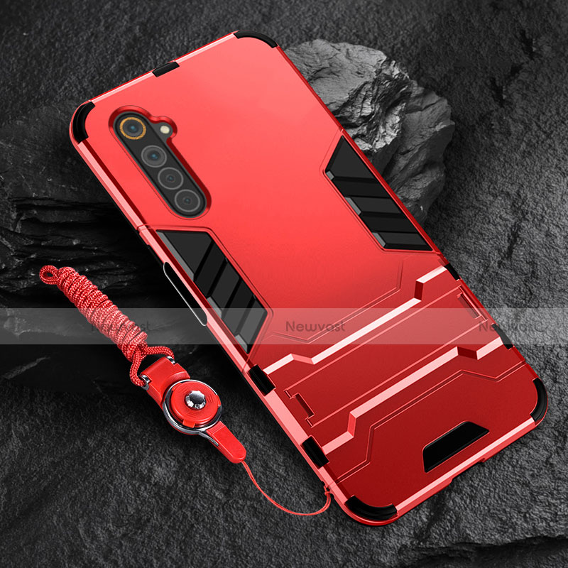 Silicone Matte Finish and Plastic Back Cover Case with Stand A01 for Realme 6 Red